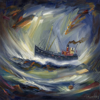 A vividly painted image of a fishing boat on turbulent sea waters under a dynamic, expressionist sky. By Raymond Murray